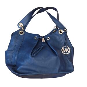 Michael Kors Ludlow Women’s Hobo Purse Blue Leather Shoulder Bag Drawstring Gold